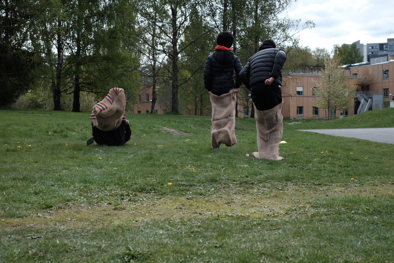 en gruppe mennesker som lekte på en gressmark