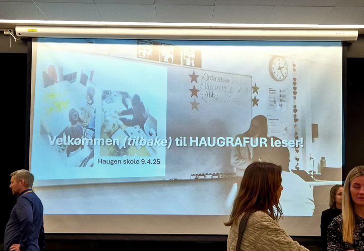 en gruppe mennesker som ser på et projisert bilde på en vegg